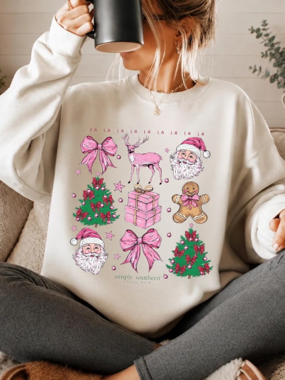 Simply Southern Fa La La Christmas Santa Pink Bow Tree Gingerbread T-Shirt